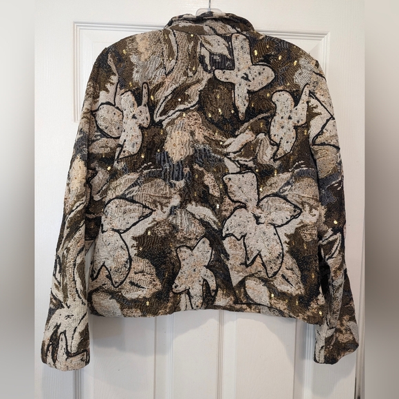 Anage Vintage 90s Beaded brown floral full zip tapestry Embroidered blazer sz L - Picture 2 of 9